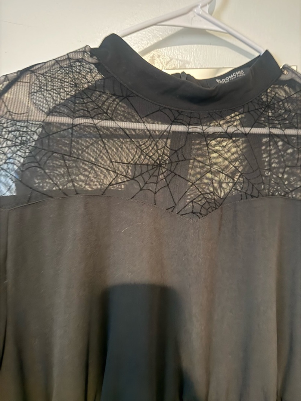 BloomChic Black Long Sleeve Witchy Bell Sleeve Black Mesh Spiderweb Dress Plus